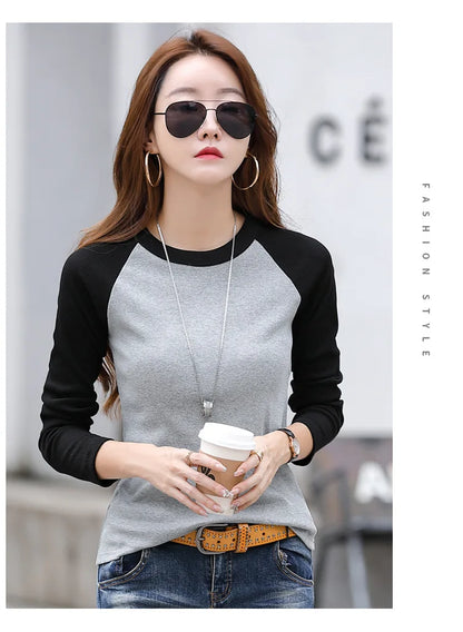 Cotton Slim T Shirt Women Contrast Color Womens Shirt Korean Fashion Clothing Long Sleeve Top 2024 Spring Autumn Tee Shirt Femme