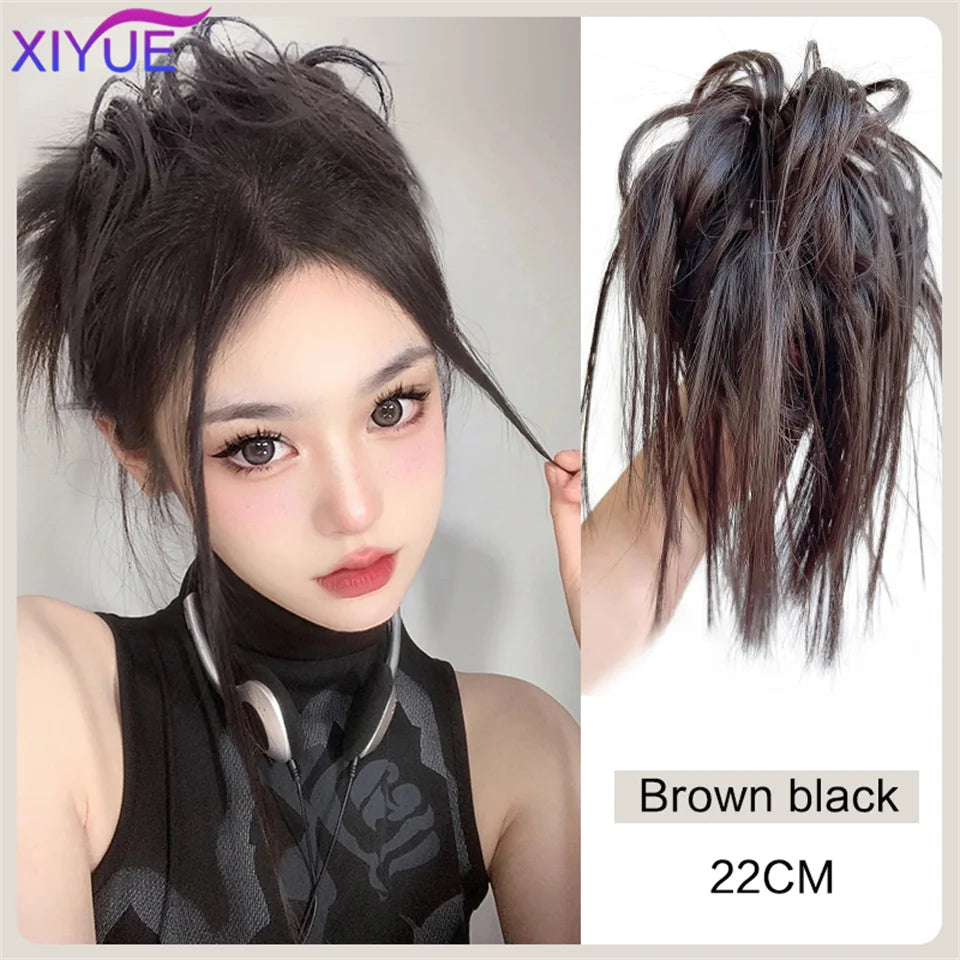XIYUE Synthetic Messy Hair Bun Tousled Hairpiece Elastic Band Chignon Curly Scrunchie Updo Cover Hair Tail for Women Pink - AMULET RING STORE