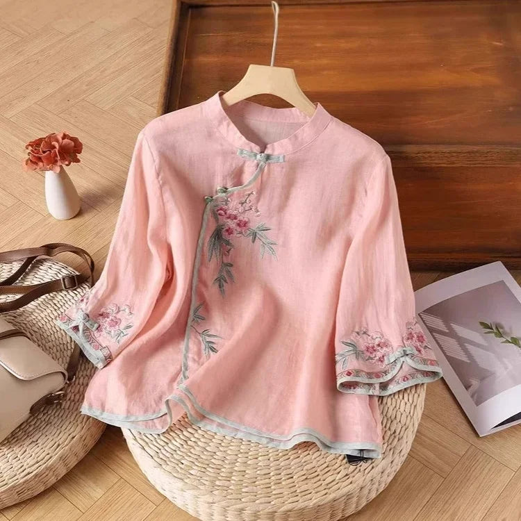 Casual Loose Blouse Shirt Women Clothes Summer Cotton Linen Ladies Tops Tee Blusas Vintage Embroidery Woman Shirt Camiseta Mujer