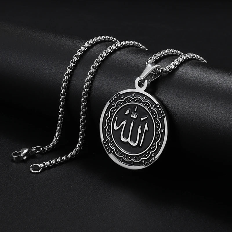 Allah Necklace for Men Stainless Steel Gold Color Round Pendant Necklace