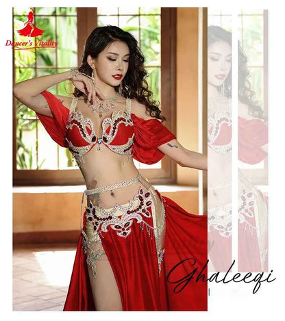 Belly Dance Performance Suit for Women Senior AB Stones Bra+satin Split Long Skirt 2pcs for Women Oriental Belly Dancing Outfit
