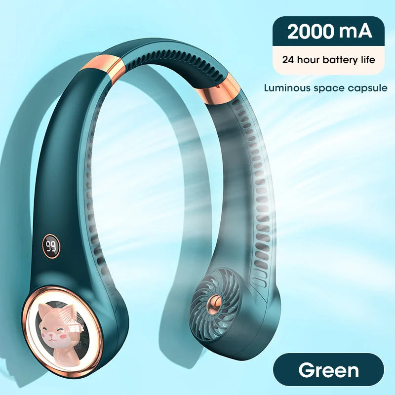 Bladeless Neck Fan 2000mAh USB Rechargeable Digital Display Cute Cat Hanging Mini for Travel Office
