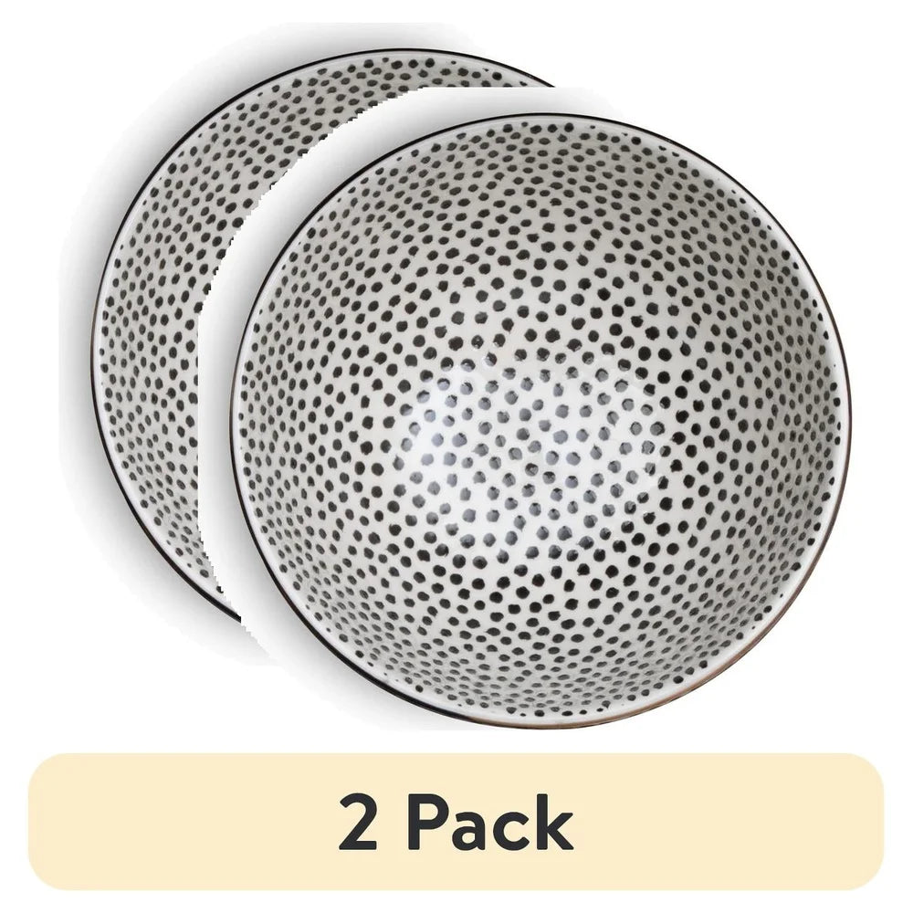 2 Pack Stoneware Bowls Dishwasher Microwave Safe Elegant Dining Essential Tableware Black White Dot Design Durable Chef - AMULET RING STORE