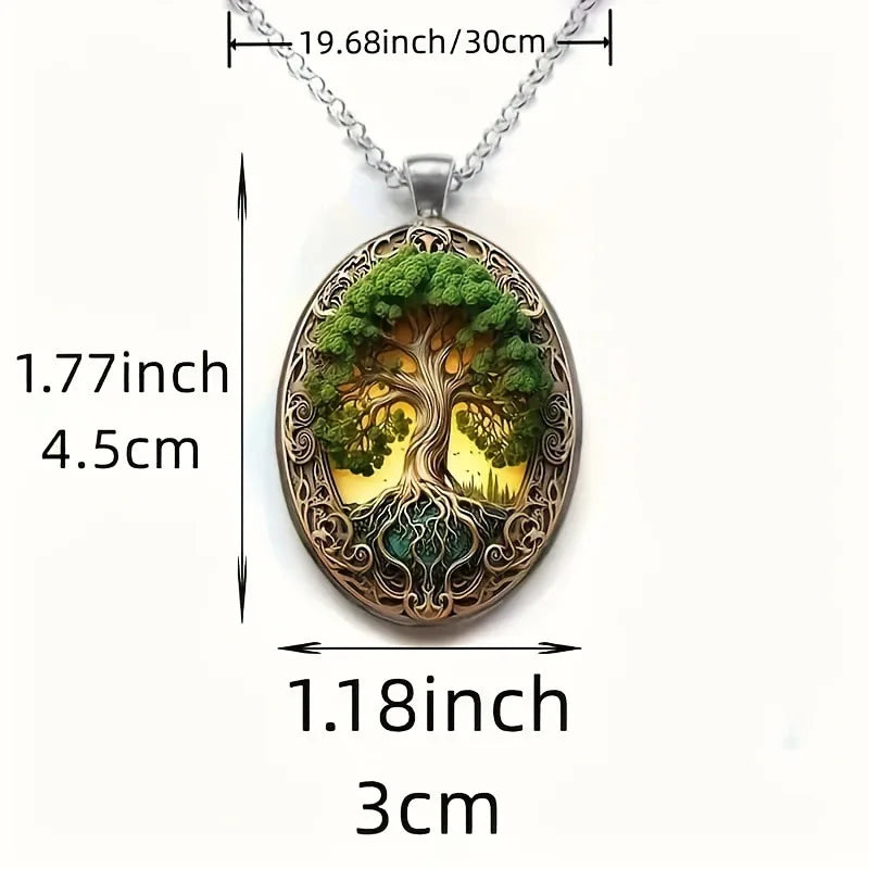 New Fashionable and Elegant Tree of Life Pattern Elliptical Glass Alloy Pendant Necklace Jewelry Wholesale--