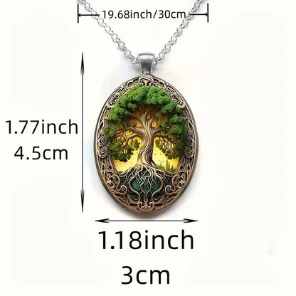 New Fashionable and Elegant Tree of Life Pattern Elliptical Glass Alloy Pendant Necklace Jewelry Wholesale--