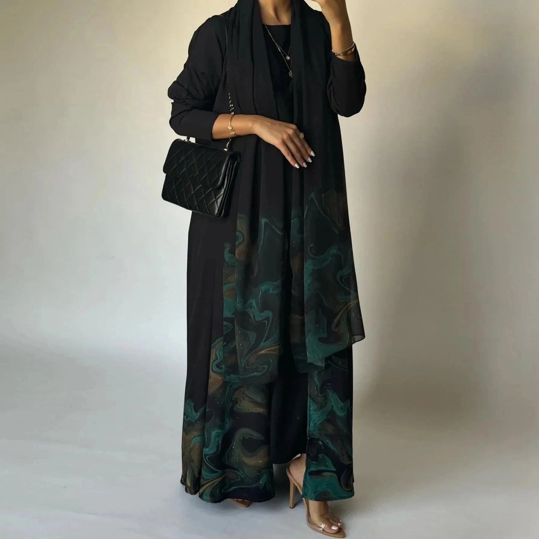 Middle Eastern Loose Open Front Abaya Muslim Women Full Sleeve Printed Abayas Turkey Kaftans Jilbabs Islamic Maxi Dresses - AMULET RING STORE