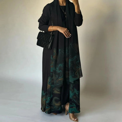 Middle Eastern Loose Open Front Abaya Muslim Women Full Sleeve Printed Abayas Turkey Kaftans Jilbabs Islamic Maxi Dresses - AMULET RING STORE