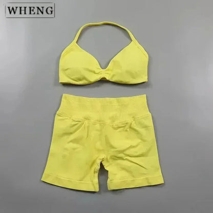 WHENG 2PCS Yoga Fitness Suit Women's Seamless Lace-Up Yoga Bra Top High Waist Workout Scratch Shorts Sports Suit Fitness Suit