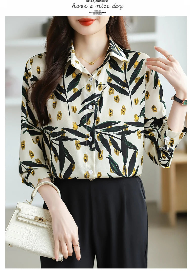 2025 Spring Autumn New Office Lady Blouse Fashion Floral Printed Shirt Turndown Collar Med-Length Long Sleeve Women Tops