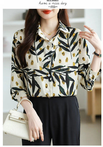 2025 Spring Autumn New Office Lady Blouse Fashion Floral Printed Shirt Turndown Collar Med-Length Long Sleeve Women Tops