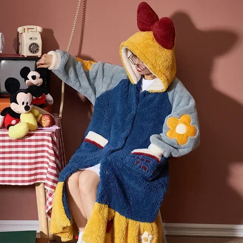 2024 Winter Pajamas For Women Cartoon Hooded Long Robe Strawberry Jacket Cute Home Wear Sleepwear Kawaii Flannel Warm Bathrobe - AMULET RING STORE