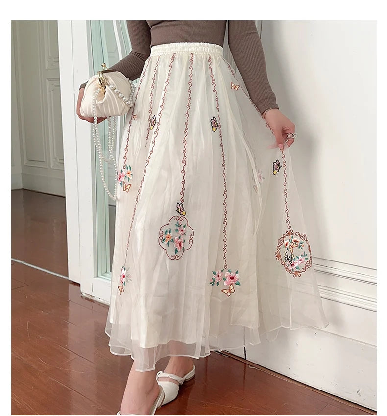 Chinese Style Retro Long Skirt Flowers Embroidered Summer Fairy Skirt Elastic Waist Gauze Skirt Party Lady A-line Skirts