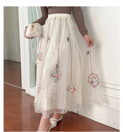 Chinese Style Retro Long Skirt Flowers Embroidered Summer Fairy Skirt Elastic Waist Gauze Skirt Party Lady A-line Skirts