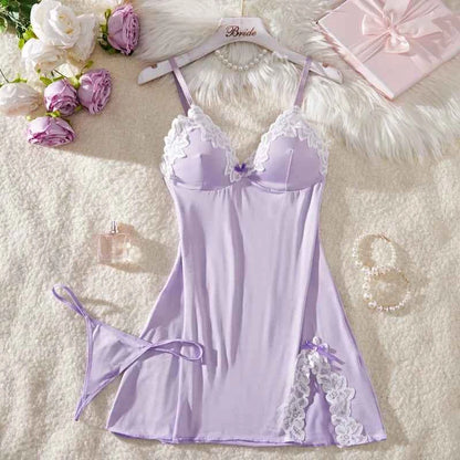 Deep V Women Nightdress Light Purple Sexy Adult Lace Bow Temptation Lingerie Gentle Erotic Clothing Dress Babydoll Underwear Set