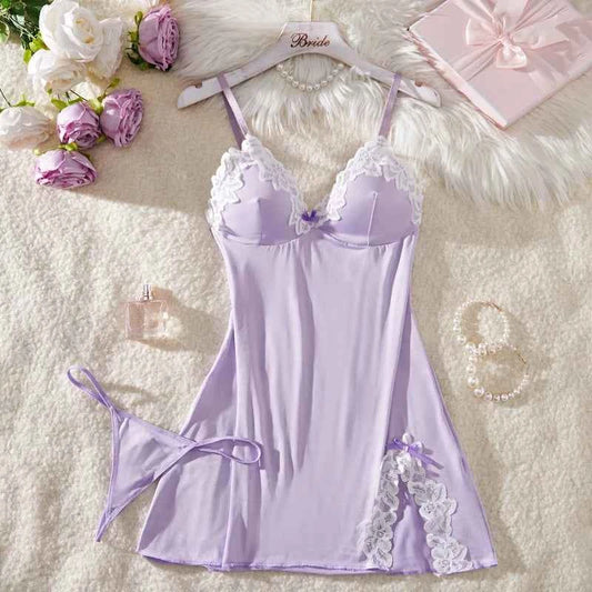 Deep V Women Nightdress Light Purple Sexy Adult Lace Bow Temptation Lingerie Gentle Erotic Clothing Dress Babydoll Underwear Set