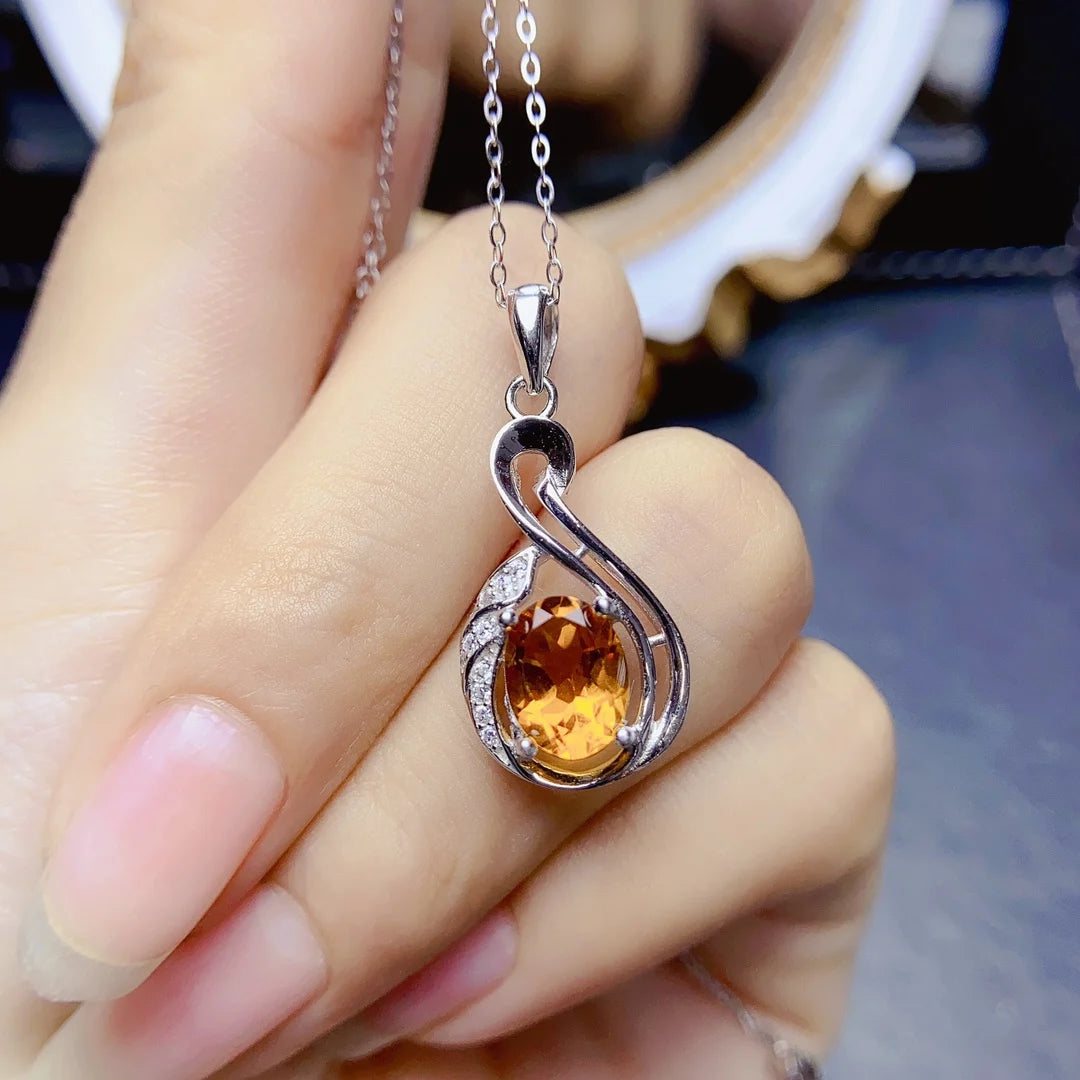 FS S925 Sterling Silver 7*9mm Natural Citrine Pendant Necklace With Certificate Fine Charm Weddings Jewelry for Women MeiBaPJ