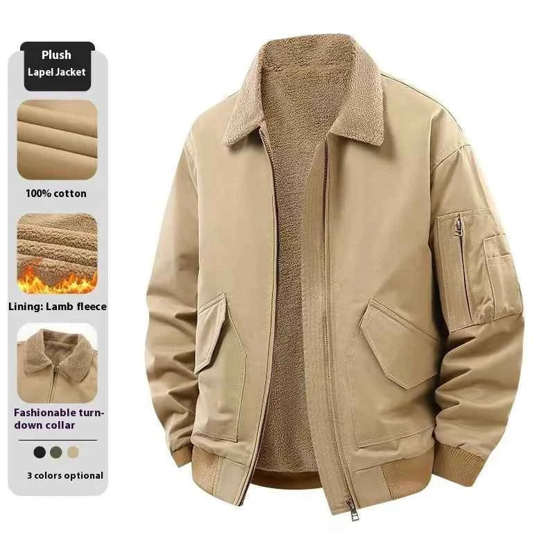 Men's Winter Fleece Jacket - Zipper Coat, Stylish and Elegant Lapel Design, Lamb Wool Lining - Cold Weather Coat, Suitable for Daily and Formal Events - Military Style Casual Jacket, Layered Wear, Military Style Design, Durab