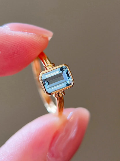 Refined S925 Sterling Silver Gold Plated Casual Aquamarine Ring For Women Rectangular Material Easiest For Match