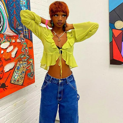 Vintage 90s Streetwear Ruffles Trim Green Chiffon T-shirts Y2K Fashion Sexy Deep V Lace Up Long Sleeve Tops Transparent - AMULET RING STORE