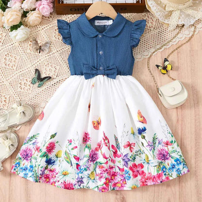 New Kids Girl Dress Summer Floral with Bow Fashion White Vestidos Short Sleeve Children Clothing Outfits Casual Printed  Dresses