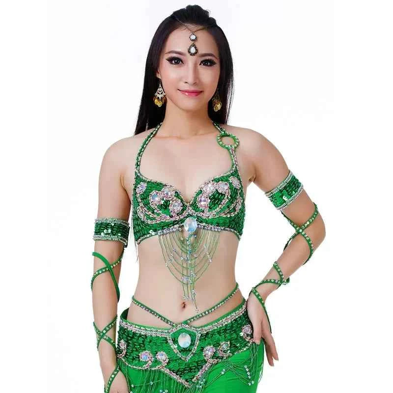 Hot Selling Ladies Beaded Sequins Belly Dance Accessories Belts + Bra Samba Costume Club Bra