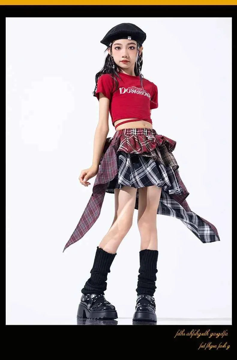 Hip Hop Girls Crop Top Plaid Street Dance Skirt Kids Ribbon Pleated Skirts Teens Jazz Cool Costumes Child Streetwear Clothes Set