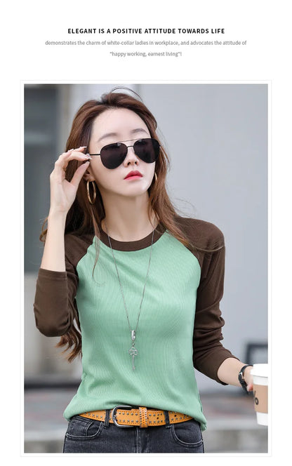 Cotton Slim T Shirt Women Contrast Color Womens Shirt Korean Fashion Clothing Long Sleeve Top 2024 Spring Autumn Tee Shirt Femme