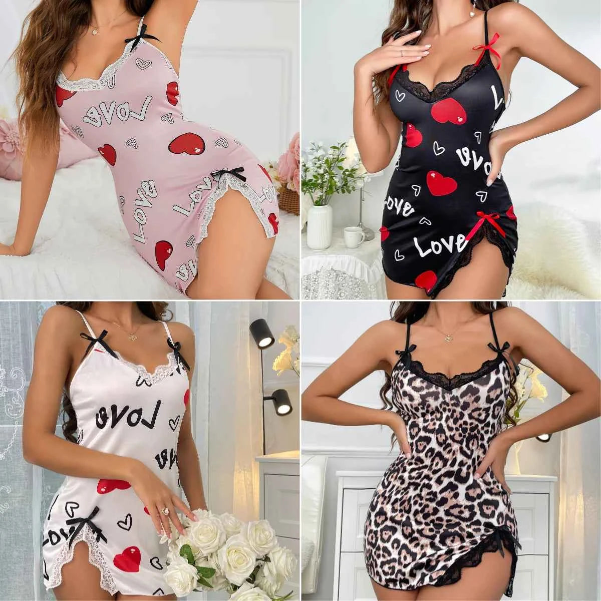 Heart Letter Floral Slip Nightdress Lace Trim Deep V Side Split Sleep Dress Soft Breathable Fabric For Women Night Gown