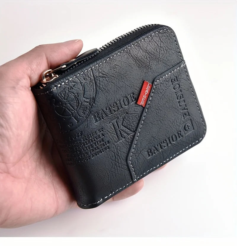 Men's Wallet Made of PU Wax Oil Skin Purse for Men Coin Purse Short Male Card Holder Wallets Zipper Around Money Coin Purse - AMULET RING STORE