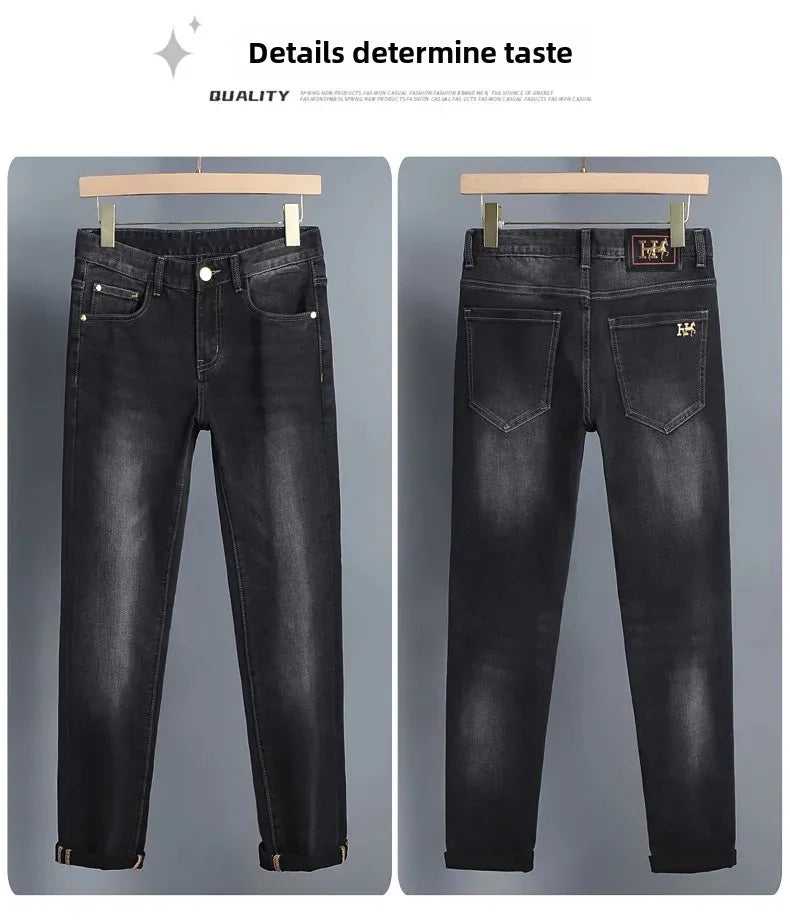 H Home Autumn/Winter Thickened European Style High-End Jeans Men's Trendy Brand Slims Smooths Your Silhouette Small Footed Trend