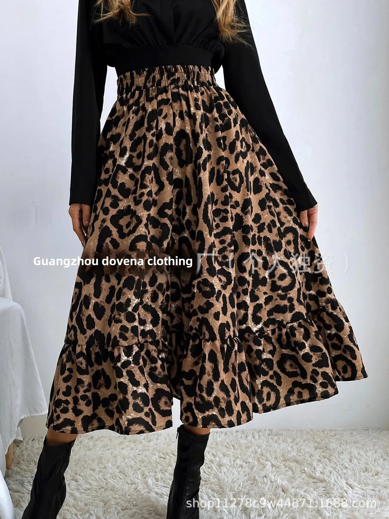 Elegant Leopard Print Halter Neck Mini Dress Polyester Fiber Ruffles Decoration Cross-Border New Arrival 2024 Women's Skirt - AMULET RING STORE