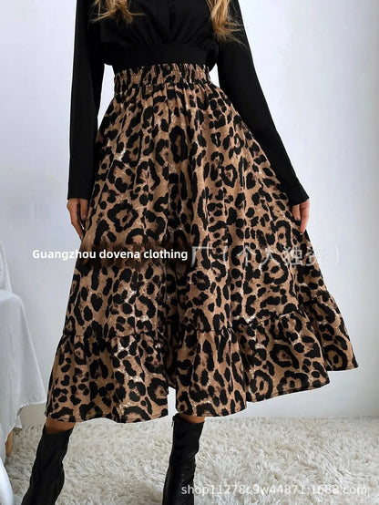 Elegant Leopard Print Halter Neck Mini Dress Polyester Fiber Ruffles Decoration Cross-Border New Arrival 2024 Women's Skirt - AMULET RING STORE