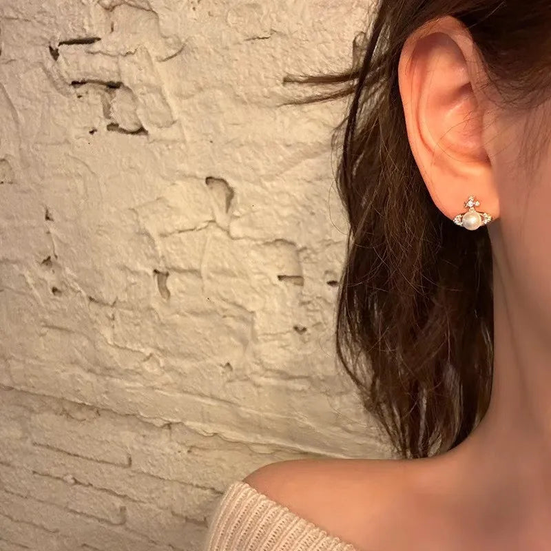 Saturn Planet Shape Pearl Bling Zircon Diamonds Cute Little Stud Earrings for Woman White Gold Filled Sterling Silver Jewellery