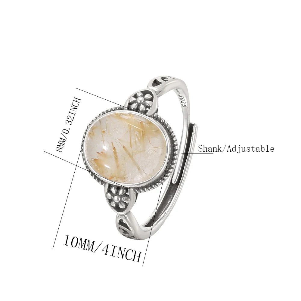 Natural Crystal Ring S925 Silver Adjustable Open Bands Rutilated Quartz Healing Stone Golden Needles Handmade Boho Jewelry - AMULET RING STORE