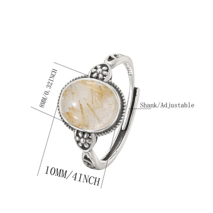 Natural Crystal Ring S925 Silver Adjustable Open Bands Rutilated Quartz Healing Stone Golden Needles Handmade Boho Jewelry - AMULET RING STORE