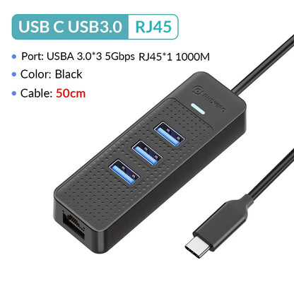 PHIXERO USB 3.0 Hub 2500Mbps Ethernet With RJ45 USB Splitter Multi Port Data Adapter Expander for Laptop Computer PC Accessories