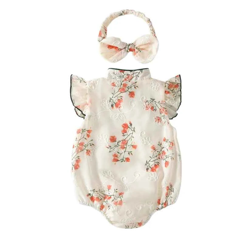 Toddler Girls Traditional Chinese Dress Set with Embroidered Floral Romper Matching Headband and Stylish Summer Outfit for a