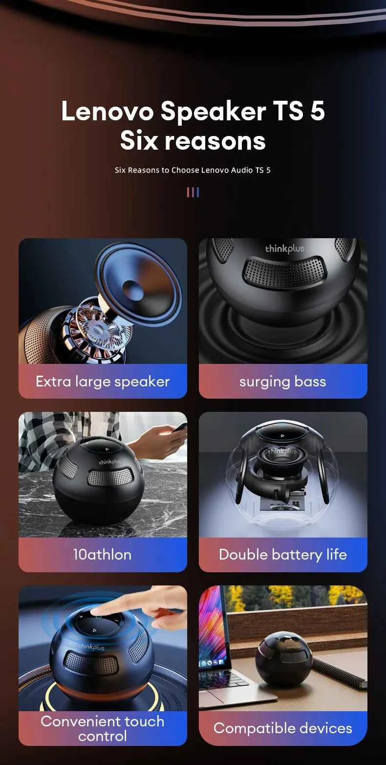 Ship From US Lenovo Bluetooth Speaker Portable Outdoor Long Endurance Home Music Player HiFi Stereo Surround Sound Box TS5