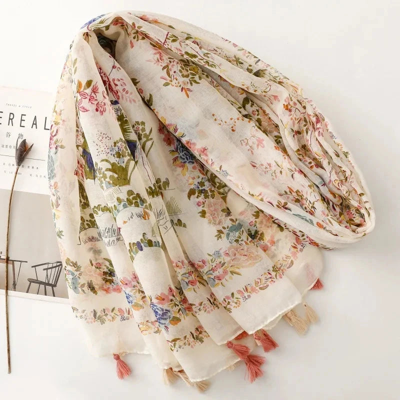 Four Seasons Available Luxury Women Viscose Scarf Designer Shawl Cotton Linen Feeling Tassel Pashmina Muslim Hijab Wrap Floral