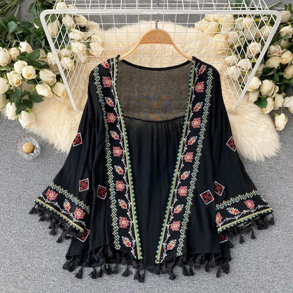 Summer Women's Shirt Bohemian Holiday Style Embroidered Tassel Chiffon Cardigan New Waist Female Slim Short Tops - AMULET RING STORE