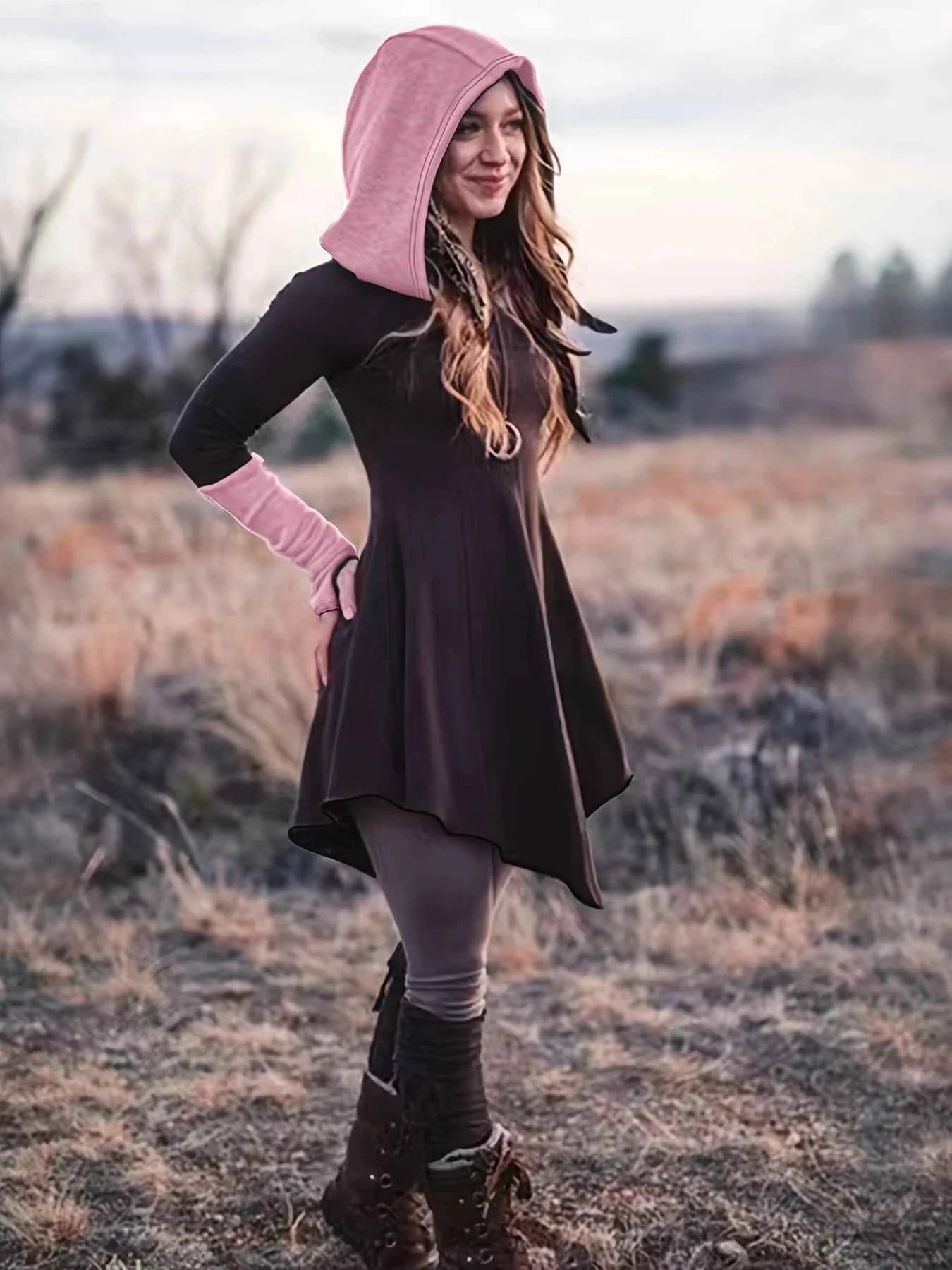 Plus Size Winter Retro Dress, Women's Plus Warm Contrasting Colors Long Sleeve Asymmetrical Hem Slight Stretch Hooded Dress