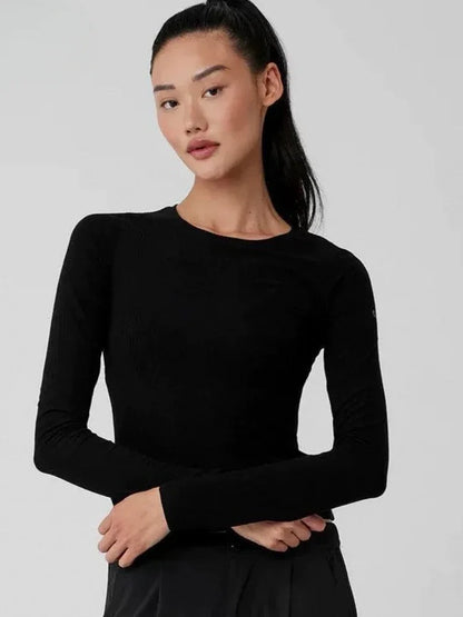 Women's Sports Quick Drying Fitness Yoga Top Simple Black White Long Sleeved Threaded T-shirt Fashion Solid Color Cotton T-shirt