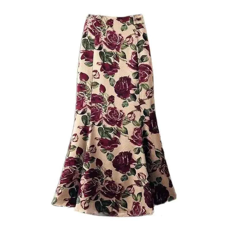Rose Floral Print Vintage Elegant Chic A-line High Waist Trumpet Women's Skirt Mid-Calf Long Skirts For Women Clothing Fashion