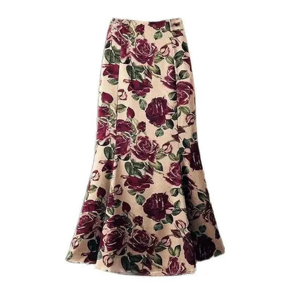 Rose Floral Print Vintage Elegant Chic A-line High Waist Trumpet Women's Skirt Mid-Calf Long Skirts For Women Clothing Fashion