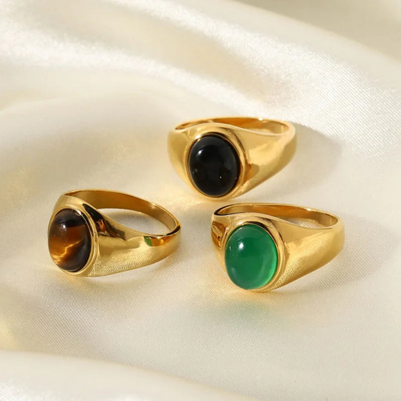 Elegant Vintage Stainless Steel Rings For Women Bohemia Oval Tiger Eye Stone Obsidian Engagement Rings Jewelry