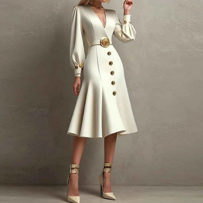 Women's Elegant Business Dress Solid V-Neck Gold Button Puff Long Sleeve British High Waist Pleated Autumn Midi Vacation Dresses