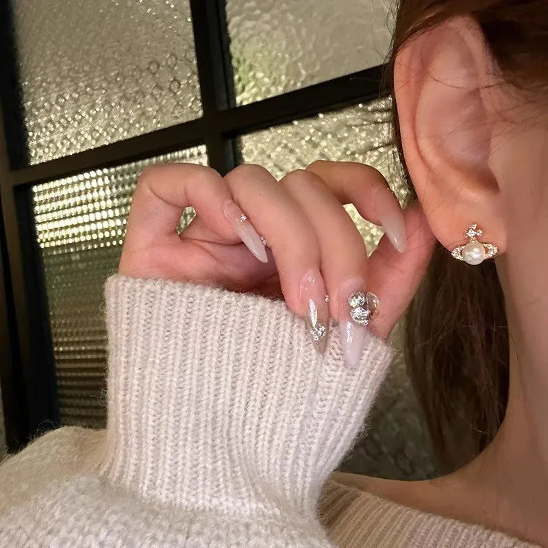 Saturn Planet Shape Pearl Bling Zircon Diamonds Cute Little Stud Earrings for Woman White Gold Filled Sterling Silver Jewellery