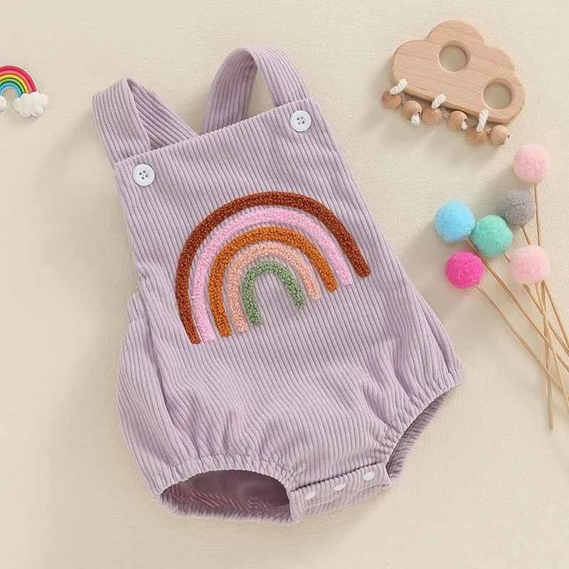 Infant Baby Girl Boy Overalls Rompers Summer Rainbow/Strawberry Embroidery Sleeveless Square Neck Suspender Ribbed Romper - AMULET RING STORE