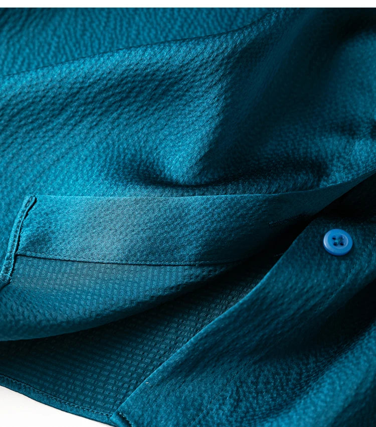 Women 100% Mulberry Silk 20 momme Heavy Silk Peacock Blue Collared Short Sleeve Buttons Down Shirt Top Blouse office work MM567