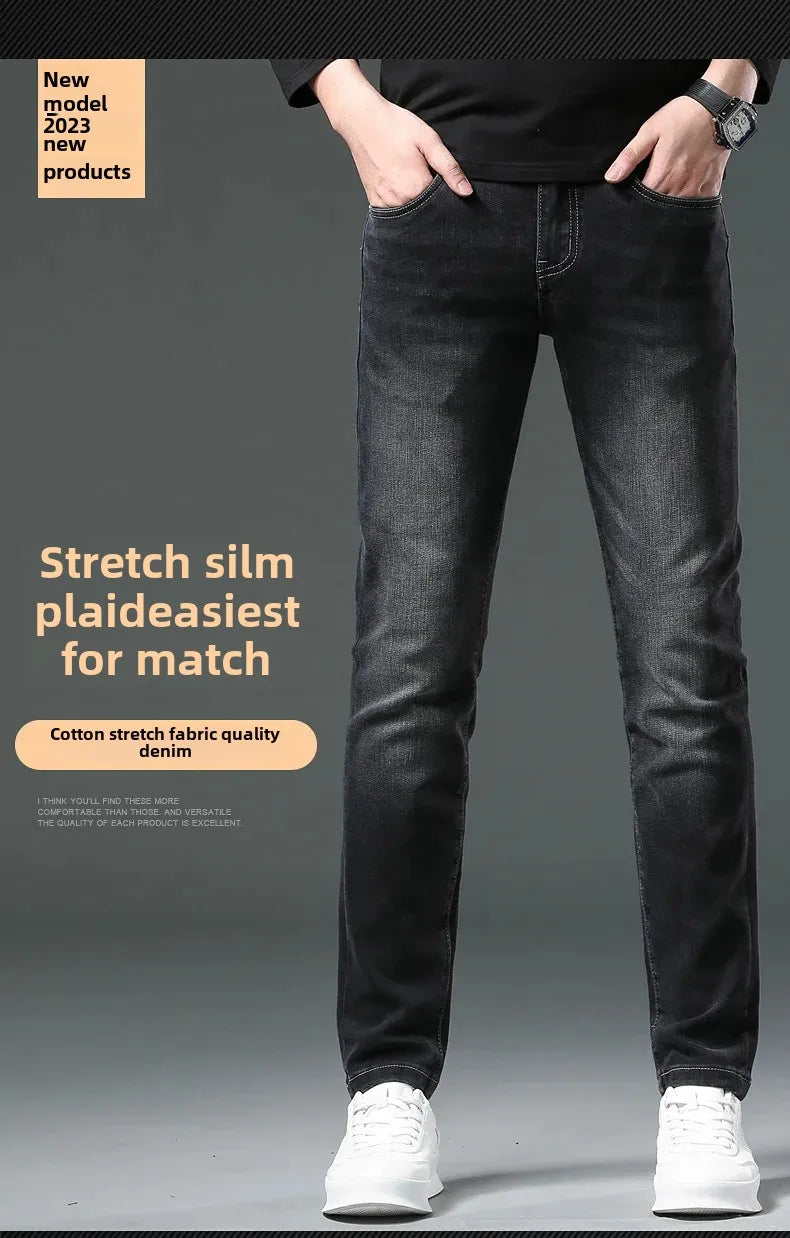 H Home Autumn/Winter Thickened European Style High-End Jeans Men's Trendy Brand Slims Smooths Your Silhouette Small Footed Trend